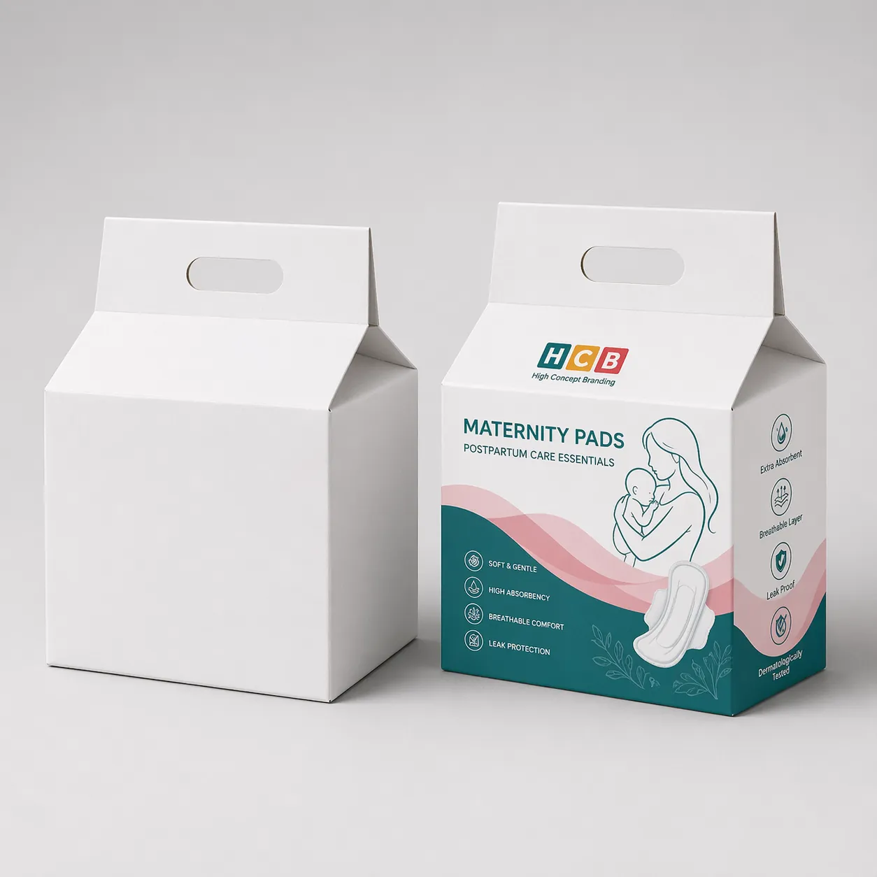 Two rectangular boxes, one blank white and one with elegant pink floral patterns and logos. class=